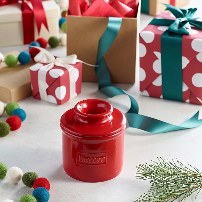 Butter Bell - The Original Butter Bell crock by L Tremain, a Countertop French Ceramic Butter Dish Keeper for Spreadable Butter, Café Retro Collection, Maraschino Red, Glossy Finish