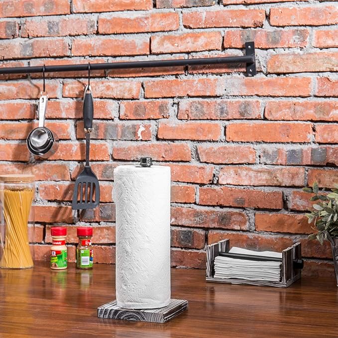 MyGift Paper Towel and Napkin Holder Set, Countertop Torched Wood and Industrial Metal Paper Towel Holder and Flat Napkin Holder with Weighted Arm