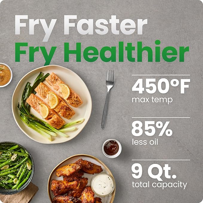 Chefman Dual Air Fryer Oven with DC Motor, 9 Qt. Double Basket Air Fryer with 450°F Max Temp for Meals in Minutes, Bake, Broil, Dehydrate, Reheat for Extra-Crispy Chicken, Fries, and More - Black