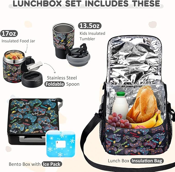 Pawtong Lunch Box Set with Bento Box Container, 17OZ Stainless Steel Food Soup Thermo, Kids Water Bottle & Portable Insulated Lunch Bag – Leakproof, Hot/Cold Retention for School, Travel (Black-Game)