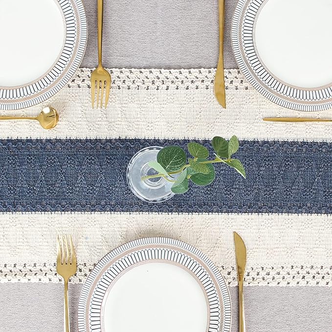 FEXIA Boho Table Runner 90 Inches Long with Tassels Farmhouse Rustic Cream & Blue Macrame for Dining Bedroom Baby Bridal Shower Decor(12x90 Inches)