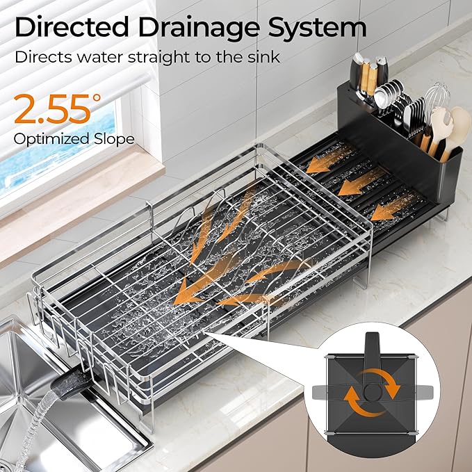 Delamu Stainless Steel Dish Drying Rack, Expandable Dish Drainer, Anti-Rust Large Dish Racks for Kitchen Counter, Dish Strainers with Drainboard, Utensil Holder & Cup Holder, 13.4"-28.7" L x 11.8" W