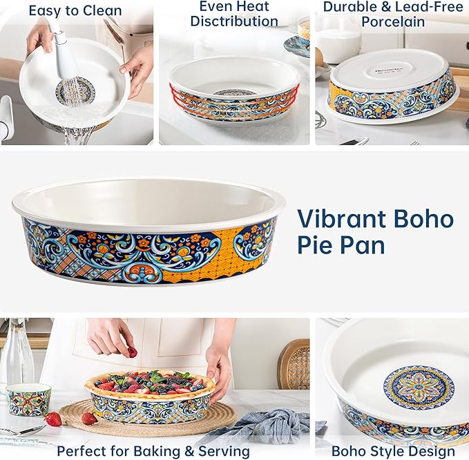 HENXFEN LEAD Ceramic Pie Dish, 10 Inch Round Pie Pan, Oven Safe Pie Plate for Apple Pie, Quiche & Tart, Boho Style Baking Dish