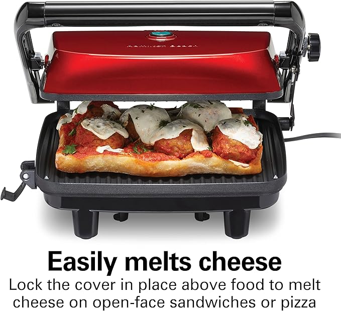 Hamilton Beach Panini Press Sandwich Maker & Electric Indoor Grill with Locking Lid, Opens Wide to Fit Any Thickness for Quesadillas, Burgers & More, Nonstick 8" x 10" Grids, Red (25462Z)