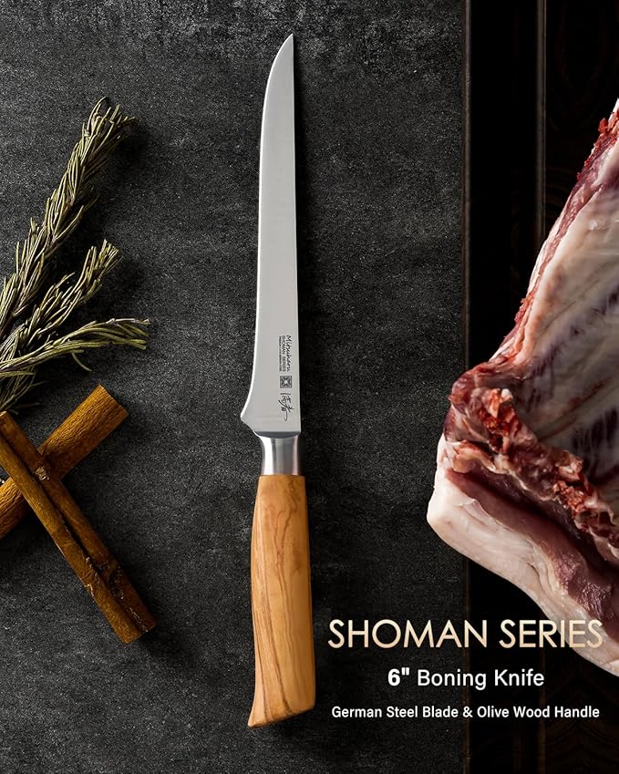 Mitsuharu 6" Fillet Knife for Meat Cutting, SHOMAN Series Sharp Boning Knife with Olive Wood Handle, German Steel Fillet Knife, Super Sharp for Lamb Pork Shoulder Fish