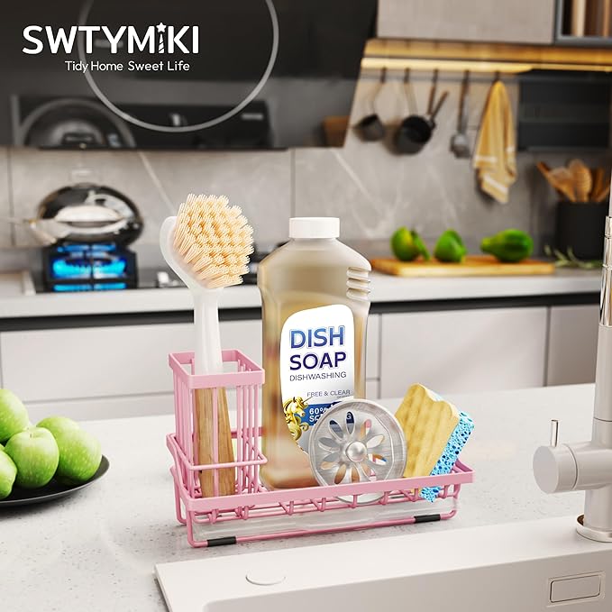 SWTYMIKI Sink Caddy Sponge Holder - Kitchen Sink Organizer with High Brush Holder for Countertop to Hold Dish Soaps and Sponges, Stainless Steel, Pink