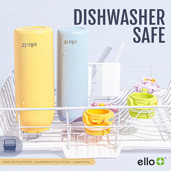 Ello Pop & Fill 22oz Stainless Steel Water Bottle with QuickFill Technology, Double Walled and Vacuum Insulated, Leak Proof Locking Lid, Straw and Chug, Fits Cupholder, Reusable BPA Free, Strawberries
