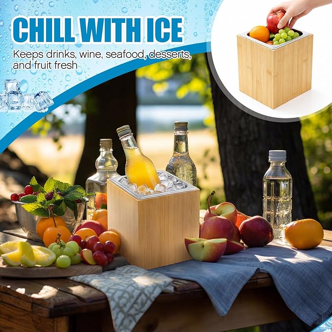 Ice Housing Bin with Removable Tray Ice Holder Container Wine Beer Champagne Drink Bucket Beverage Tub for Freezer Display Buffet Bar Counter Party Drink Chiller(Bamboo and Steel,7.9" X 7.7" X 7.23")