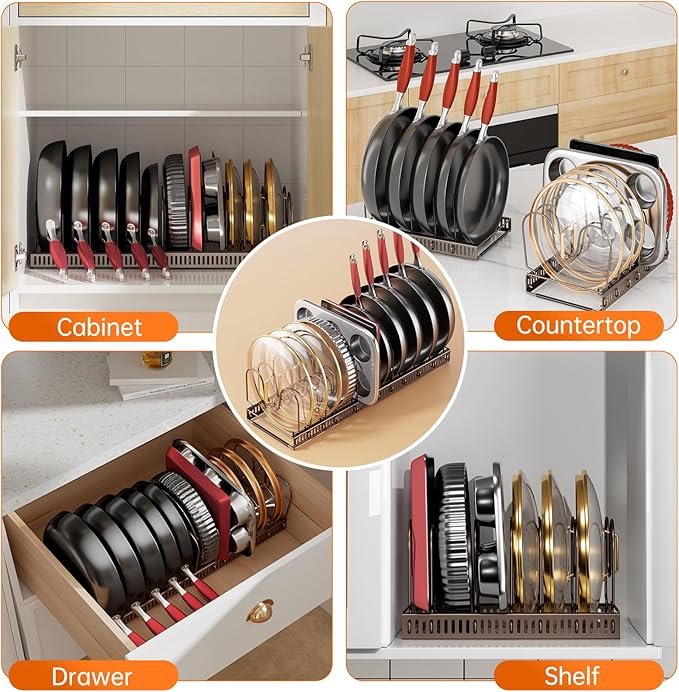 MUDEELA Pots and Pans Organizer under Cabinet, Expandable Pan Lids Organizers inside Cabinet with 12 Adjustable Dividers, Kitchen Storage Organization Pot Holder Cookie Sheet, Cutting Board Organizer