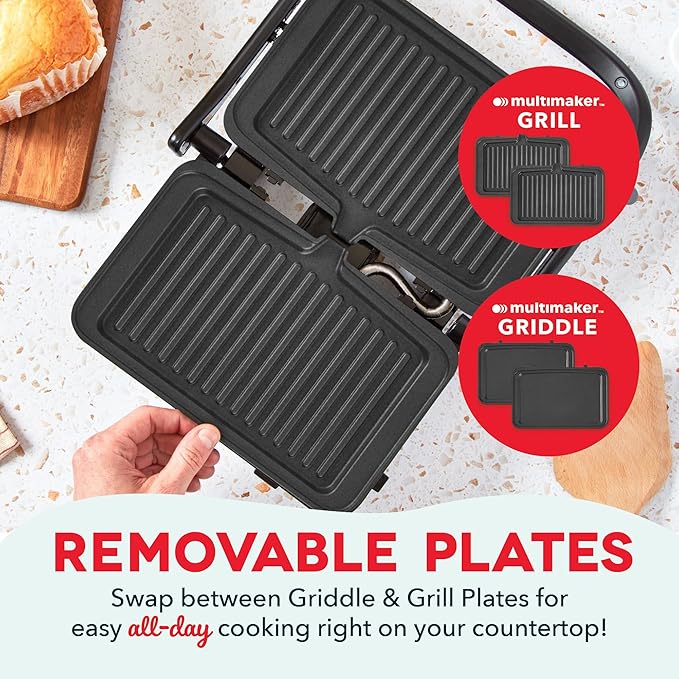 Dash MultiMaker® Flex Press Grill System, Grill and Griddle - Nonstick Removable Plates - Indoor Countertop Electric Grill for Sandwiches, Burgers, and Breakfast - Forged Iron