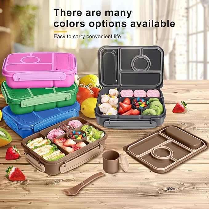 Amathley Bento Box Adult Lunch Box Kids,Lunch Containers for Adults/Kids/Toddler,5 Compartments Bento Lunch Box with Sauce Vontainers,Microwave & Dishwasher & Freezer Safe,BPA-Free (Brown)
