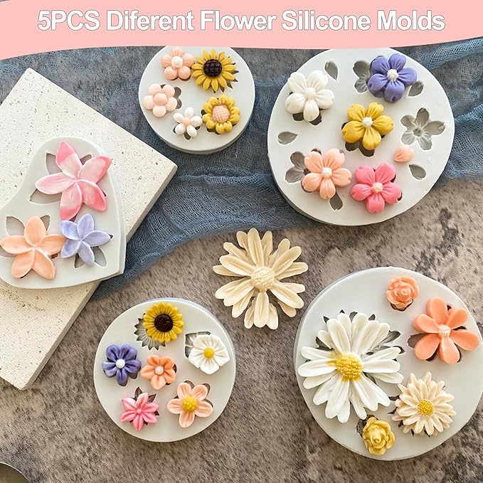 5Pcs Flower Molds Silicone Chocolate Mold Daisy Flower Fondant Polymer Clay Resin Mold Soap Ice Cube Jello Molds for Baking and Cake Cupcake Decorating