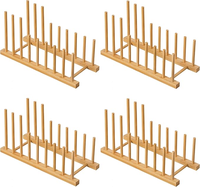 HBlife 4pcs Heighten and Widen Bamboo Dish Drying Rack Plate Bowl Cup Book Pot Lid Cutting Board Stand Drainer Storage Holder Organizer for Kitchen Cabinet