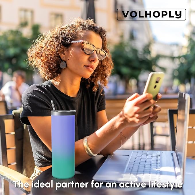 Volhoply 4 Pack Skinny Tumblers with Lid and Straw, 20oz Stainless Steel Straight Tumbler Bulk, Vacuum Insulated Coffee Mug for Home, Office, Travel, DIY (Purple Green,4 Pack)