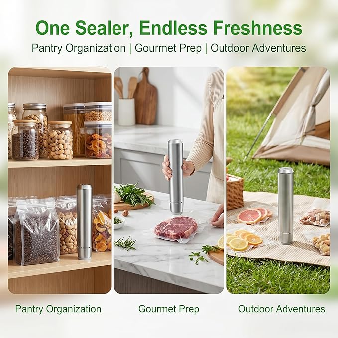 Handheld Vacuum Sealer, 304 Stainless Steel Food Saver Vacuum Sealer Machine with 10 Reusable Bags & Adapter, Cordless Rechargeable Compact Vacuum Sealer for Food, Keep Fresh & Reduce Waste