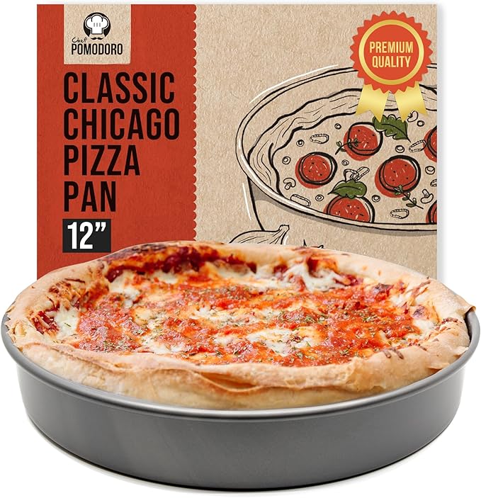 Chef Pomodoro Chicago Deep Dish Pizza Pan 12 Inch, Hard Anodized Aluminum Pizza Pan for Oven, Pre-Seasoned Bakeware Kitchenware, Non-Stick Round Pizza Pans (12-Inch)