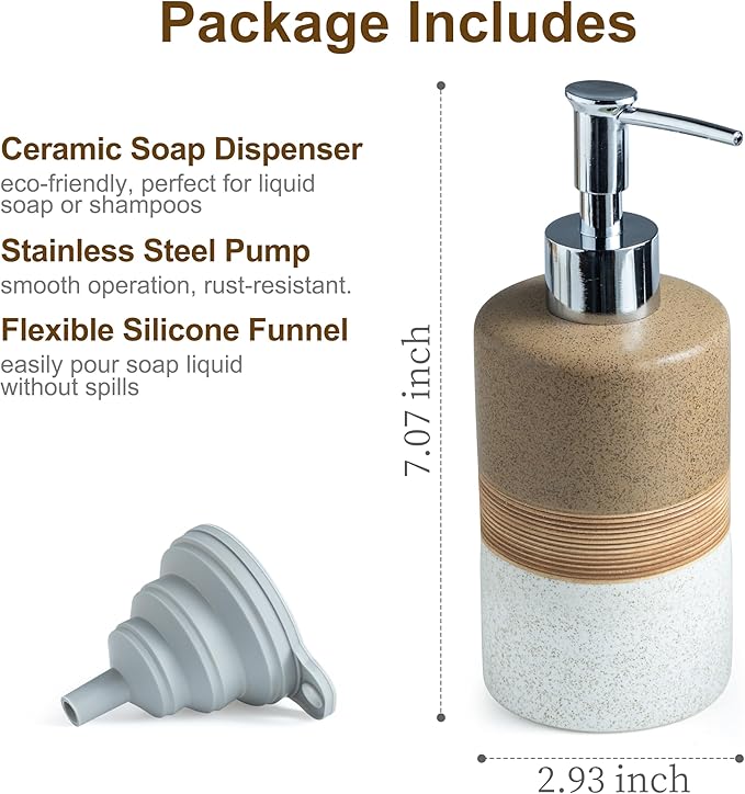 Ceramic Soap Dispenser Set for Hand Soap, Shampoo, Dish Soap, Conditioner, Includes Stainless Steel Pump and Silicone Funnel, 12 Oz, Modern Kitchen Decor