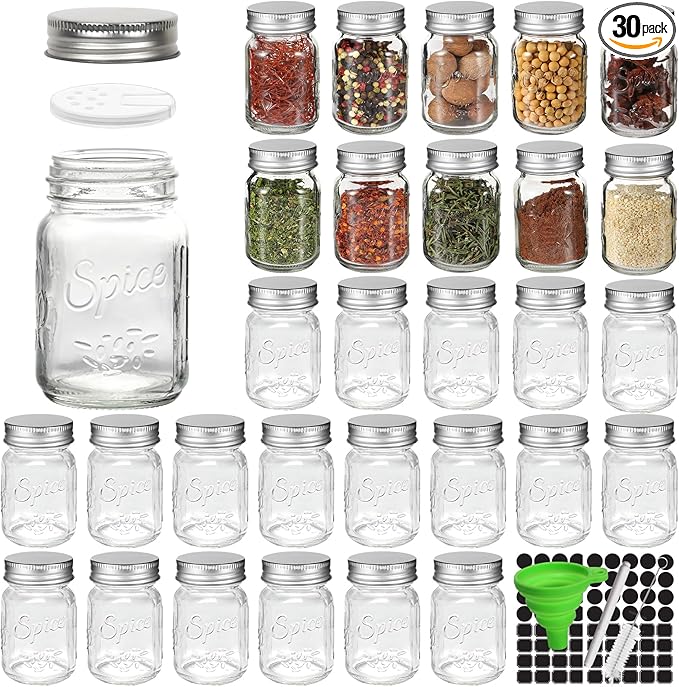 CycleMore 30 Pack 4oz Glass Mason Spice Jars, Round Spice Containers with Silver Metal Caps and Pour/Sift Shaker Lids-80pcs Labels,1 Silicone Collapsible Funnel,1 Brush and 1pcs Pen Included