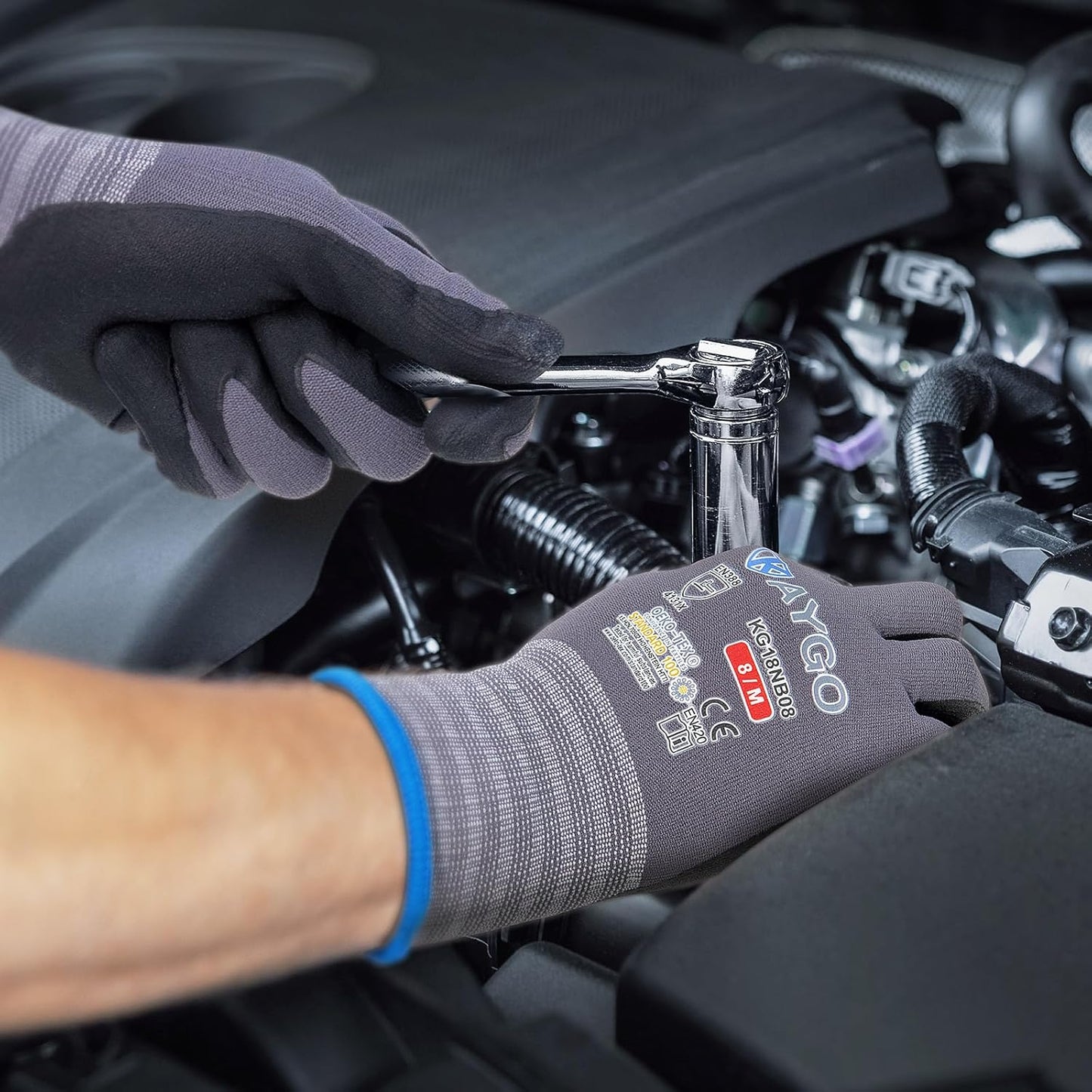 KAYGO Safety Work Gloves MicroFoam Nitrile Coated-3 Pairs, KG18NB,Seamless Knit Nylon Glove with Black Micro-Foam Nitrile Grip,Ideal for General Purpose,Automotive,Home Improvement,Red medium