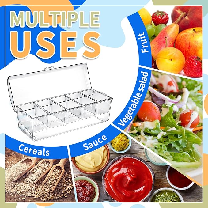 2 Pack Large Ice Chilled Condiment Caddy，Chilled Condiment Containers Server with Lids for 5 Removable Compartments，Serving Platters, Fruit & Garnish Tray for Party Supplies & Bar（2 Pack）
