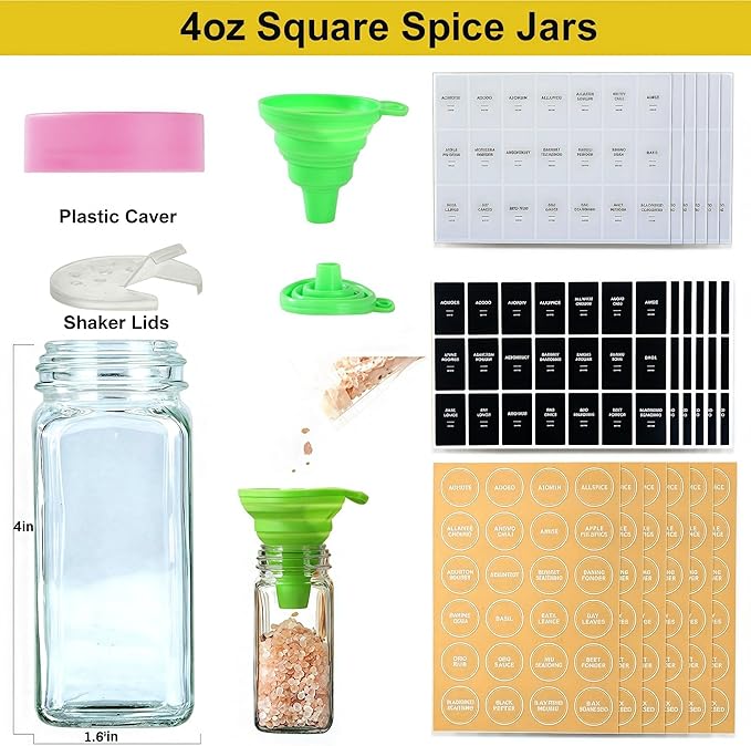 24 Glass Spice Jars with Label-4oz Spice Containers with Lids and Shaker Lids,3 Sets of Spice Labels 1 Collapsible Funnel 2 Erasable Markers (24)