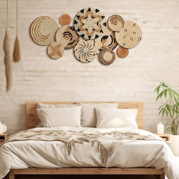Tatuo 11 Pcs Boho Wall Basket Decor Bulrush Woven Wall Hanging Art Round Farmhouse Rustic Handmade Wicker for Summer Home, Bedroom, Living Room, Kitchen Decorations, Multi Sizes(Artistic)