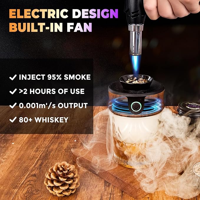 Electric Whiskey Smoker Kit with Torch, Home Bar Gift for Whiskey Lover, 6 Wood Chips – Infuse Rich Smoky Flavors in Bourbon Old Fashioned & Cocktails, Birthday Gifts for Him, Husband (Without Butane)