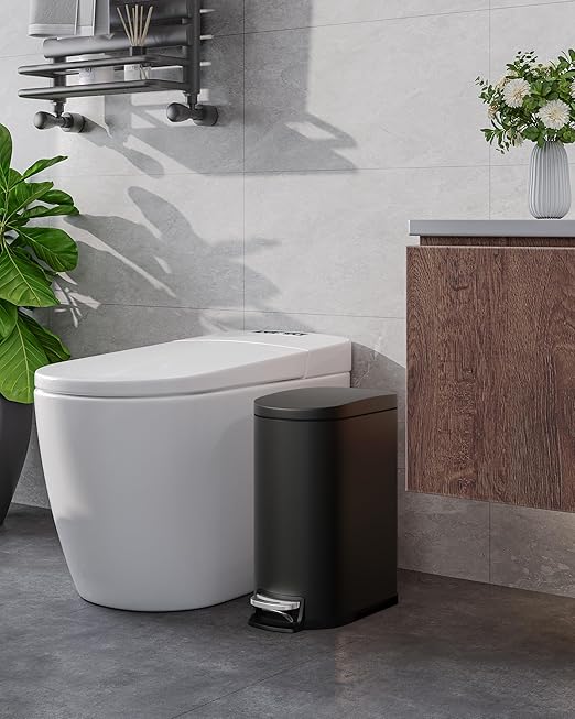 GarveeHome 2.6 Gallon Bathroom Trash Can, Space-Saving Slim Stainless Steel Step-On Garbage Bin with Soft Close Lid, Removable Inner Bucket for Bathroom & Bedroom, Black