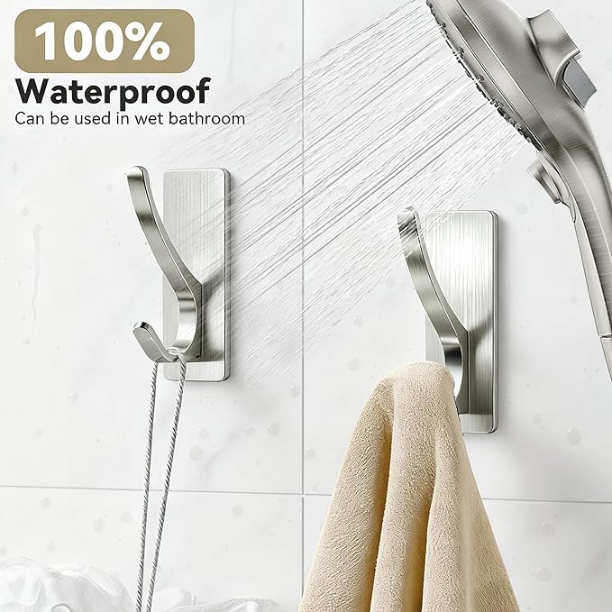 pickpiff Brushed Nickel Self Adhesive Coat Hooks for Hanging: 13LB Extra Strong Stainless Wall Hook for Towel, Utensil, Backpack, Hat, Sturdy Metal Hanger for Bathroom, Kitchen, Door, 10 Pack