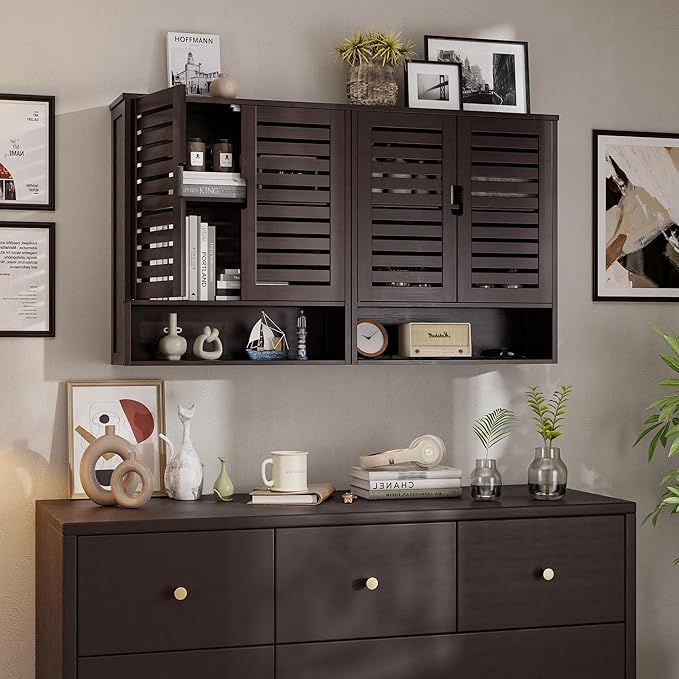 SMIBUY Bathroom Cabinet Wall Mounted, Bamboo Over-The-Toilet Storage Organizer, Space Saver Medicine Cabinet with 2 Door and Adjustable Shelves (Dark Brown)