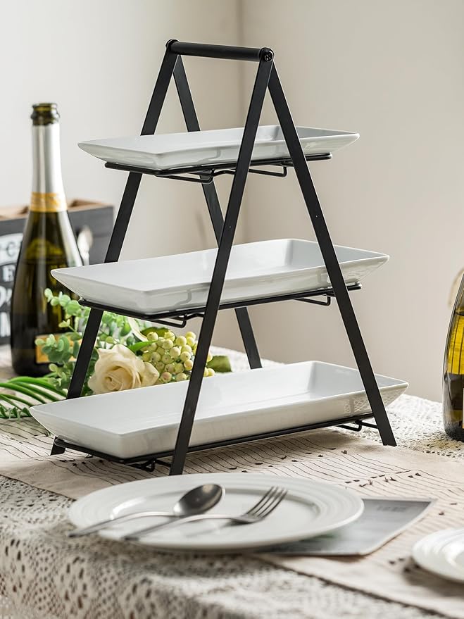 YHOSSEUN 3 Tier Serving Tray Tiered Tray Stand, Ceramic Serving Platters and Trays with Metal Rack, 10+12+14 Inch Large Serving Trays for Party 3 Tier Serving Stand Dessert Display Set, Black