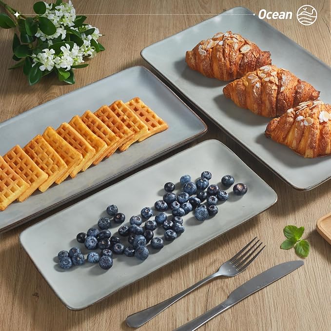 Famiware Serving Platter, Rectangular 15.67/14.1/12.6inch Serving Dishes for Entertaining, Reactive Glaze, Stoneware Serving Trays for Party, Food, Turkey, Snack, Cheese, Ocean Series, Grey