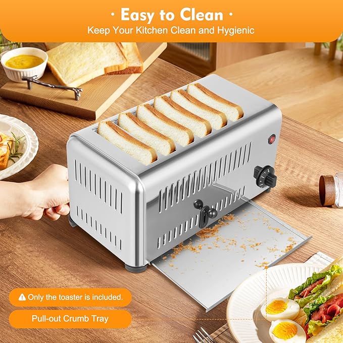 Stainless Steel 6 Slice Toaster, Electric Bread Baking Machine Commercial Toaster with Crumb Tray and Timer Bread Toasters for Home Kitchen Restaurant Bakery (2 Modes/1680W)