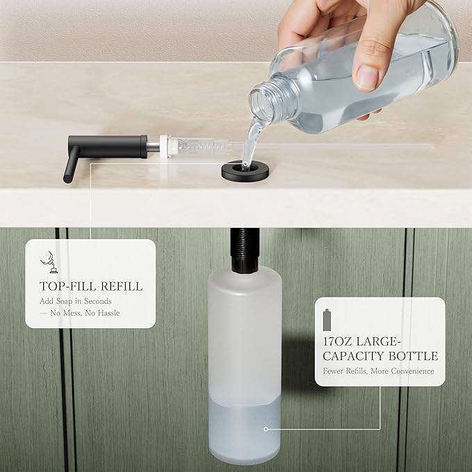 FORIOUS Soap Dispenser for Kitchen Sink, Black Stainless Steel Liquid Dish Soap Dispenser Pump with Top Refill 17oz Soap Bottle, Built in Sink Lotion Dispenser for Kitchen Countertop
