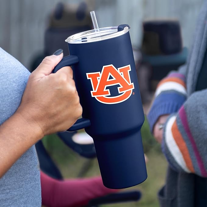 Logo Brands NCAA 40 oz Tumbler with Handle -Stainless Steel Insulated Travel Tumbler with Straw Lid – Powder Coated, Leak-Resistant, Keeps Drinks Hot/Cold – Great for Tailgating, or Everyday Use