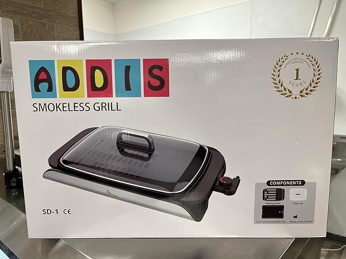 ADDIS Smokeless Indoor Electric Grill with Tempered Glass Lid and Drip Pan 1500W M-Shaped Heating Element and Non-Stick Coating, Stainless Steel