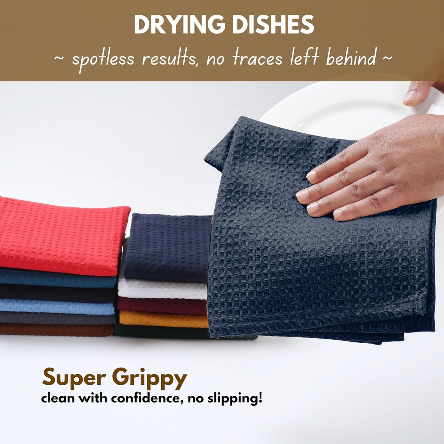 Native Fab Cotton Kitchen Towel with Hanging Loop 16x26 inches, 6-Pack, Waffle Weave Kitchen Towels for Cleaning Drying, Washcloths Soft & Absorbent Cloth Rags, Bar Towel, Dish Cloth, Navy
