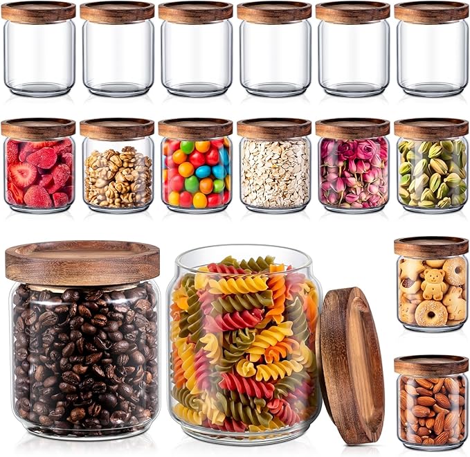 Irenare 16 Pack Glass Containers Canister Set, 17 oz Food Storage Spice Jars with Airtight Lids, Clear Kitchen Containers for Coffee Sugar Tea Beans Nuts Candy Pantry Organization (Wood)
