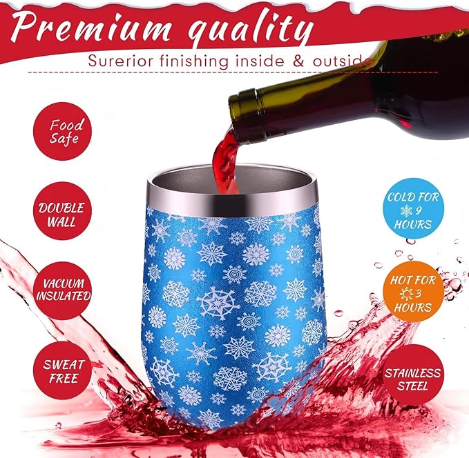 Sliner 6 Pack Pack Christmas Glitter Tumbler Bulk, 12 oz Holiday Wine Tumbler Set Stainless Steel Insulated Sparkling Glitter Cup with Lids Straws and Brushes Travel Mug Xmas Gift (Snowflake Style)