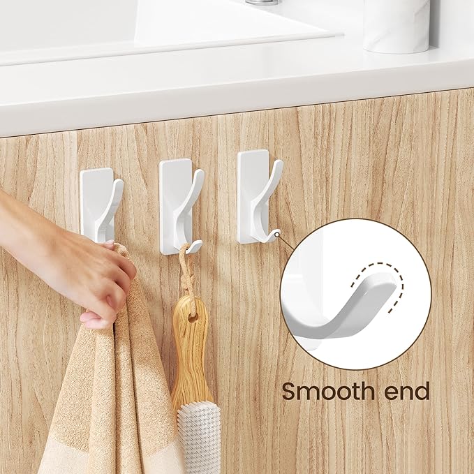 pickpiff White Self Adhesive Coat Hooks for Hanging: 13LB Extra Strong Stainless Wall Hook for Towel, Utensil, Backpack, Hat, Sturdy Metal Hanger for Bathroom, Kitchen, Door, 6 Pack