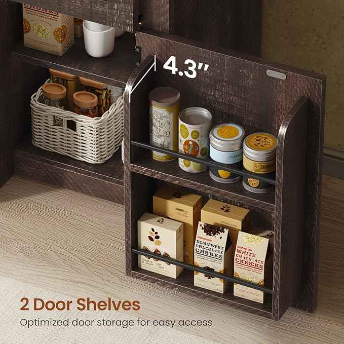 Itaar 71" Arched Kitchen Pantry Cabinet, Kitchen Storage Cabinets with 1 Large Drawer & Storage Cart 2 Tier & Door Shelves for Living Room, Dining Room, Brown