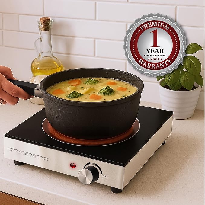 OVENTE Infrared Ceramic Single Burner, 1200W Electric Countertop Hot Plate with Black Crystalline Glass, Portable Stainless Steel Cooktop for Home, Office, or Dorm Use, Black BGI301GB