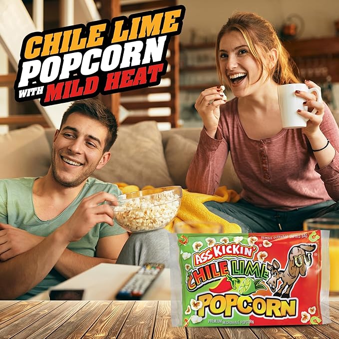 ASS KICKIN' Chile Lime Microwave Popcorn Bags - 3 Pack - Ultimate Spicy Popcorn Gourmet Gift - Makes a Great Movie Theater Popcorn or Snack Food for Movie Night