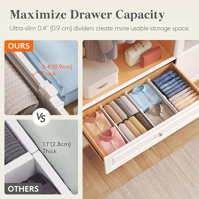 Lifewit 5" Tall 12 Pack Drawer Dividers, 30-47cm/11.5-18.5" Expandable Drawer Divider for Clothes, Adjustable Dresser Drawer Organizers, Drawers Separators for Dresser/Bathroom/Closet/Kitchen White