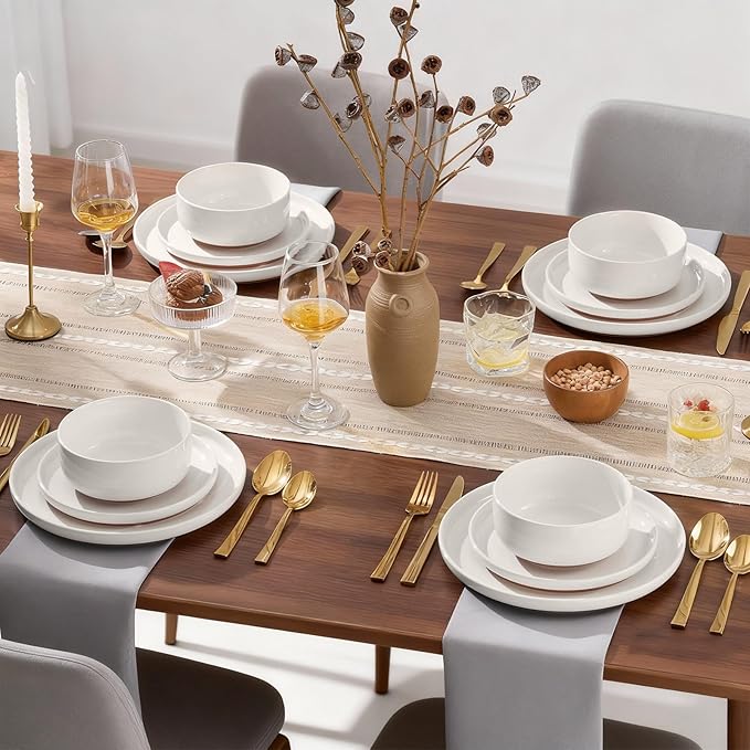 E-far 24-Piece Stoneware Dinnerware Sets, Plates and Bowls Sets for 8, Ceramic Dishware Dishes Set with Terracotta Base, Chip & Scratch Resistant, Microwave & Dishwasher Safe, Speckled White