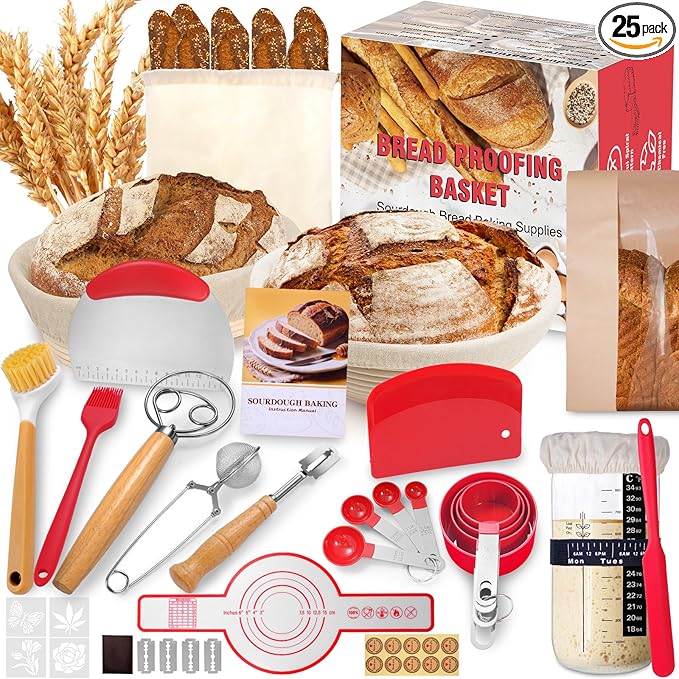 EWFEN Sourdough Starter Kit with Round & Oval Banneton, Complete Sourdough Bread Baking Supplies, Bread Proofing Basket with Starter Jar, Bread Making Tools Kit for Beginners & Bakers