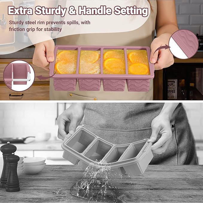 Doasuwish Silicone Freezer Tray for Soup with Lid – 1-Cup Soup Container Cube Style Ice Cube Trays for Freezer, Meal Prep & Food Storage, Freeze 250mL/125mL Portions – 2 Pack