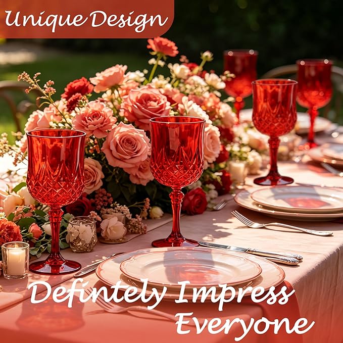 Plastic Wine Glasses, Plastic Goblets Vintage Style Cordial Unbreakable Drinking Glasses, Reusable Drinkware for Wedding Reception, Grand Event Party Supplies,Mother's Day (48, Red)