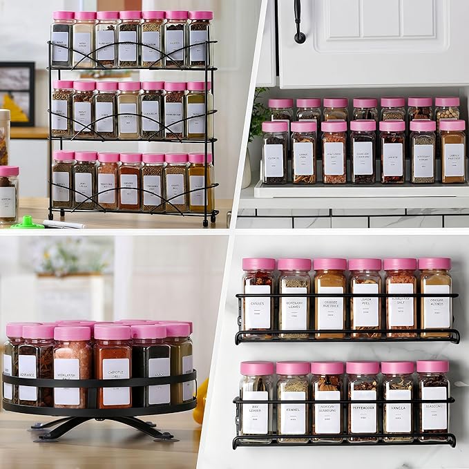 36 Glass Spice Jars with Label-4oz Spice Containers with Pink Lids and Shaker Lids,3 Sets of Spice Labels 1 Collapsible Funnel 2 Erasable Markers (36)