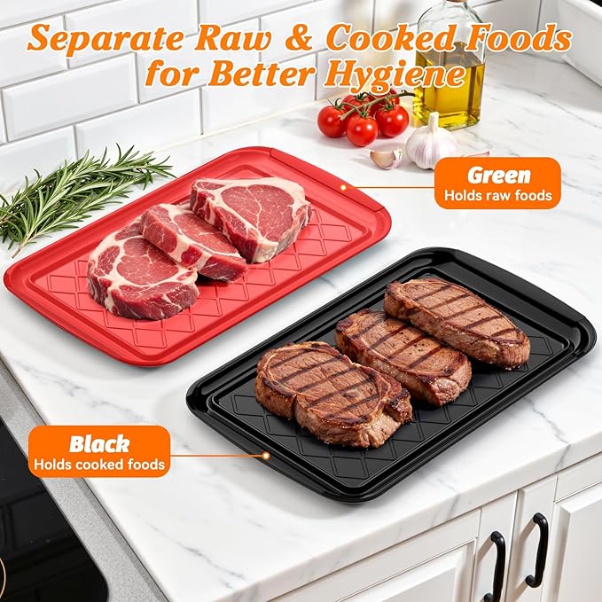 Serving Trays for Party - Set of 6, Large Serving Platters for Raw and Cooked Food, Dishwasher Safe, 17×10.5-inch Stackable Plastic Party Supplies for Grilling, BBQ, Meal Prep (Red, Black)